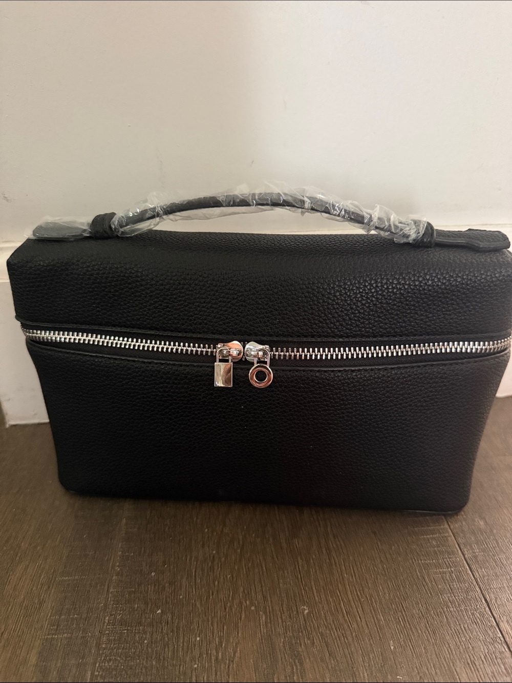 Designer inspired Black Pebbled Leather Top-Handle clutch Bag with long strap to